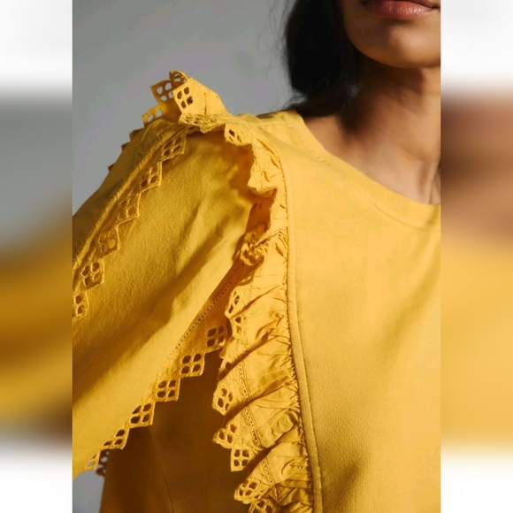 Anthropologie, New, Marigold Yellow Eyelet Ruffle Sleeve Sweatshirt Top SZ XL - Picture 14 of 14